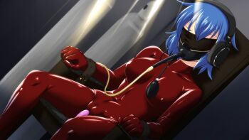1girl bdsm belt blindfold blue_hair bondage bound breasts catsuit chair earmuffs female_focus gag gagged latex pump pump_gag restrained rubber sensory_deprivation sex_toy skin_tight source_request tamakko vibrator