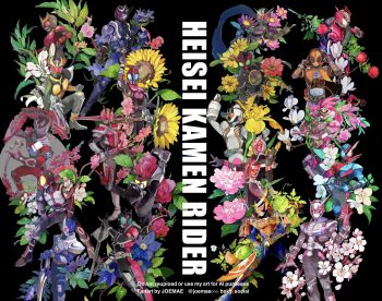 Rule 34 | 6+boys, armor, belt, black background, black bodysuit, black helmet, blay buckle, blay rouzer, blue armor, blue bodysuit, blue eyes, blue helmet, bodysuit, card, chain, compound eyes, crossover, decadriver, den-o belt, dengasher sword mode, dragon, dragvisor, everyone, faiz driver, flower, full armor, full body, gloves, glowing, glowing eyes, gold horns, green eyes, green helmet, group picture, heisei, helmet, heterochromia, highres, holding, holding sword, holding weapon, hood, hood up, horns, in-franchise crossover, jo mawe, kabuto zecter, kamen rider, kamen rider 555, kamen rider agito, kamen rider agito (ground form), kamen rider agito (series), kamen rider blade, kamen rider blade (series), kamen rider build, kamen rider build (series), kamen rider dcd, kamen rider decade, kamen rider den-o, kamen rider den-o (series), kamen rider den-o (sword form), kamen rider drive, kamen rider drive (series), kamen rider ex-aid, kamen rider ex-aid (series), kamen rider fourze, kamen rider fourze (series), kamen rider gaim, kamen rider gaim (series), kamen rider ghost, kamen rider ghost (series), kamen rider hibiki, kamen rider hibiki (series), kamen rider kabuto, kamen rider kabuto (series), kamen rider kiva, kamen rider kiva (series), kamen rider kuuga, kamen rider kuuga (mighty form), kamen rider kuuga (series), kamen rider ooo, kamen rider ooo (series), kamen rider ryuki, kamen rider ryuki (series), kamen rider wizard, kamen rider wizard (series), kamen rider zi-o, kamen rider zi-o (series), kivat belt, looking at viewer, male focus, mask, multiple boys, ongekibou rekka, oni, orange eyes, orange helmet, pink armor, red armor, red eyes, red helmet, ride booker, rider belt, rider belt (kabuto), rider brace, rouse absorber, rouse card, shoulder armor, signature, simple background, standing, sword, tokusatsu, weapon, white bodysuit, white helmet, wings, yellow eyes, zect buckle