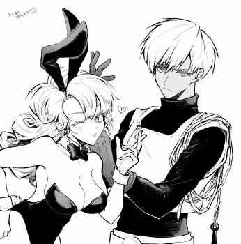 1boy 1girl adjusting_clothes adjusting_gloves animal_ears blowing_kiss bow bowtie breasts cleavage commentary_request curly_hair dark-skinned_male dark_skin detached_collar dragon_quest dragon_quest_iii earrings fake_animal_ears fake_tail gadabout_(dq3) gloves grappling_hook greyscale hand_on_own_hip heart highres jewelry large_breasts leotard long_hair looking_at_viewer monochrome one_eye_closed pants playboy_bunny rabbit_ears rabbit_tail rope sato_sio_(si00x) short_hair sideboob skindentation sphere_earrings strapless strapless_leotard sweater tail thief_(dq3) unamused upper_body vest white_background wrist_cuffs