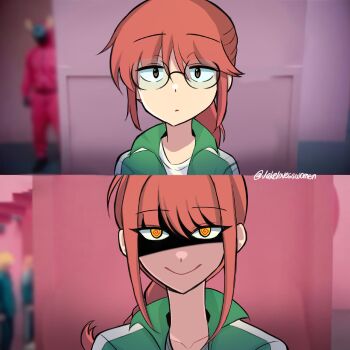2girls @_@ blurry blurry_background brown_eyes chainsaw_man closed_mouth commentary english_commentary glasses green_jacket hair_between_eyes highres jacket kobayashi-san_chi_no_maidragon kobayashi_(maidragon) long_hair looking_at_viewer makima_(chainsaw_man) meme morgzkun multiple_girls ponytail red_hair shaded_face sidelocks smile squid_game straight-on upper_body year_1_&amp;_year_2_(squid_game)_(meme) yellow_eyes