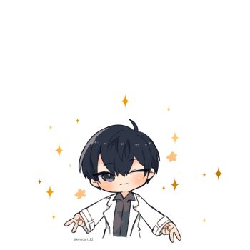 1boy ;) ahoge black_eyes black_hair black_shirt chibi chibi_only coat double-parted_bangs double_v hair_between_eyes head_tilt highres kim_dokja kimidori_22 male_focus omniscient_reader&#039;s_viewpoint one_eye_closed open_clothes open_coat outstretched_arms popped_collar shirt short_hair smile solo sparkle upper_body v white_coat