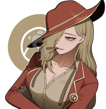 1girl black_gloves blue_eyes breasts brown_hair brown_shirt cigar cleavage coat collared_shirt commentary crossed_arms gloves gold_trim hair_over_one_eye hat highres large_breasts limbus_company long_hair misg1111 parted_lips project_moon red_coat red_hat shirt smile smoke smoking solo symbol-only_commentary valencina_(project_moon) very_long_hair