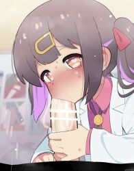 1boy 1girl animated bar_censor blush brown_hair censored clothes deepthroat fellatio flat_chest folded hair_ornament hair_ribbon hairclip heart heart-shaped_pupils heavy_breathing hetero highres lab_coat large_penis loli looking_at_viewer mizumizuni multicolored_hair onii-chan_wa_oshimai! oral orange_eyes oyama_mihari penis ribbon saliva sweat sweatdrop symbol-shaped_pupils tagme twintails two-tone_hair veins veiny_penis video