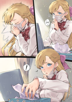 Rule 34 | 1girl, 3koma, blonde hair, blue eyes, bow, bowtie, braid, breasts, closed eyes, comic, commentary, computer, crown braid, hair bow, hatching (texture), hay fever, indoors, jelly shrimp, laptop, large breasts, light particles, long sleeves, looking at viewer, mask, mask pull, monster strike, mouth mask, multiple views, outside border, parted lips, pink bow, plaid bow, plaid bowtie, plaid clothes, red bow, red bowtie, runny nose, school uniform, shirt, sneezing, snot, surgical mask, tissue, tissue box, uriel (monster strike), white shirt, wing collar