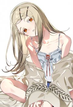 1girl collarbone gakuen_idolmaster hair_ornament hairclip head_tilt idolmaster looking_at_viewer marghe_bita shinosawa_hiro sitting solo