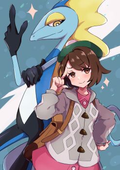 1girl absurdres bag brown_bag brown_eyes brown_hair closed_mouth commentary_request gen_8_pokemon gloria_(pokemon) green_headwear grey_jacket hat highres index_finger_raised inteleon jacket long_sleeves looking_at_viewer nintendo pink_skirt piyo_to_game pokemon pokemon_(creature) pokemon_swsh shoulder_bag skirt smile