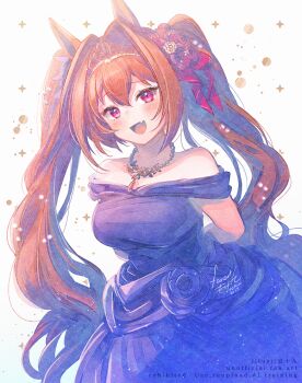 1girl alternate_costume animal_ears arms_behind_back bare_shoulders blue_dress blush breasts brown_hair collarbone commentary_request daiwa_scarlet_(umamusume) dress fang hair_between_eyes hair_intakes horse_ears horse_girl horse_tail ittokyu jewelry large_breasts long_hair looking_at_viewer necklace off-shoulder_dress off_shoulder open_mouth red_eyes skin_fang smile solo sparkle star_(symbol) tail tiara twintails umamusume very_long_hair