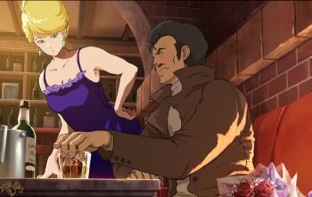 Rule 34 | 1boy, 1girl, :o, alcohol, bar (place), bar stool, bare arms, bare shoulders, black eyes, black hair, blonde hair, blue eyes, blush, bottle, bouquet, breasts, brick wall, brown jacket, brown shirt, bucket, cleavage, closed mouth, commentary request, counter, crowley hamon, cup, dated, dress, drinking glass, earrings, facial hair, flower, flustered, gundam, hand on own hip, highres, holding, holding cup, indoors, jacket, jewelry, leaning forward, liquor, long sleeves, looking at another, medium breasts, mobile suit gundam the origin, mosuke 2, mustache, parted lips, purple dress, ramba ral, red flower, red rose, rose, shelf, shirt, sitting, sleeveless, sleeveless dress, small sweatdrop, spaghetti strap, standing, stool, upper body, wavy mouth, whiskey, wine bottle