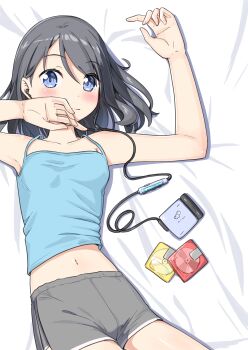 Rule 34 | 1girl, absurdres, armpits, bare shoulders, bed sheet, blue camisole, blue eyes, blush, breasts, camisole, commentary request, dot nose, feet out of frame, from above, grey hair, grey shorts, hair between eyes, hand on own cheek, hand on own face, highres, light smile, lying, midriff peek, minidisc, minidisc player, navel, negimiso1989, on back, original, shorts, small breasts, solo, swept bangs