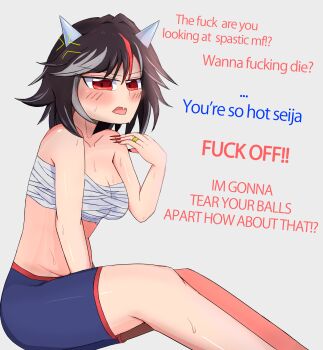 1girl angry blush breasts cleavage fang horns jewelry kijin_seija looking_at_viewer ring sarashi short_hair sitting solo_focus sweat thighs touhou white_background xsmile