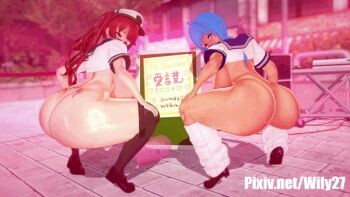 2girls 3d animated animated_gif ass ass_focus ass_grab ass_shake azur_lane back_tattoo blue_hair breasts curvy hat hip_focus honolulu_(azur_lane) huge_ass huge_breasts illusion_soft jiggle koikatsu_(medium) large_breasts long_hair looking_back manjuu_(azur_lane) multiple_girls no_bra no_panties red_hair sailor_hat school_uniform short_hair squatting st._louis_(azur_lane) tattoo thick_thighs thighhighs thighs tramp_stamp twerking wide_hips wily27