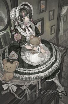 1girl absurdres apron black_dress black_hair black_shoes blunt_bangs bonnet book bow bowtie closed_mouth commission dress frilled_apron frilled_dress frilled_sleeves frills full_body hair_intakes highres huang_du_du indoors looking_at_viewer multicolored_hair original pink_hair shoes short_sleeves sitting smile solo streaked_hair stuffed_animal stuffed_toy teddy_bear two-tone_hair white_apron white_bonnet white_bow white_bowtie yellow_eyes