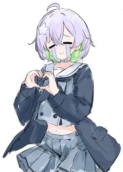 1girl absurdres ahoge black_jacket closed_eyes closed_mouth colored_inner_hair cropped_shirt crying green_hair grey_serafuku grey_shirt grey_skirt hair_between_eyes hair_ornament heart heart_hands highres jacket long_sleeves meliach midriff multicolored_hair navel neckerchief open_clothes original pleated_skirt purple_hair sailor_collar school_uniform serafuku shirt short_hair simple_background sketch skirt smile solo streaming_tears tears two-tone_hair white_background white_sailor_collar