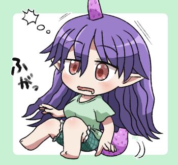 1girl blush border chibi chibi_only commentary_request drooling frilled_shorts frills full_body green_border green_shirt green_shorts hair_between_eyes horns long_hair open_mouth outside_border pointy_ears purple_hair purple_horns red_eyes rokugou_daisuke shirt short_sleeves shorts signature simple_background single_horn sitting solo squeans t-shirt tail tenkajin_chiyari touhou very_long_hair white_background