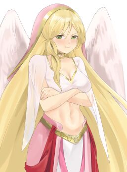1girl absurdres angel_wings arielsomayikan bird blonde_hair blush breasts choker cleavage closed_mouth commission commissioner_upload crossed_arms dancer feathered_wings fire_emblem fire_emblem:_path_of_radiance fire_emblem:_radiant_dawn fire_emblem_heroes gold_choker gold_trim green_eyes heron highres laguz_(fire_emblem) leanne_(fire_emblem) leanne_(hatari)_(fire_emblem) looking_at_viewer medium_breasts midriff nintendo official_alternate_costume pout solo standing stomach transparent_background white_wings wings