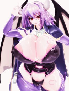 1girl 3d 57mm alma_elma areola_slip breasts covered_erect_nipples demon_girl demon_wings female_focus gigantic_breasts horns large_areolae mon-musu_quest! monster_girl nipples puffy_nipples purple_hair red_eyes shiny_clothes shiny_skin smile solo standing v wings