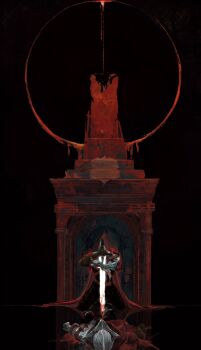 2boys abyss_watcher armor black_background blood bloody_weapon cape chenyangforone dagger dark_souls_(series) dark_souls_iii darksign_(dark_souls) full_armor gauntlets greatsword hashtag-only_commentary helmet highres holding holding_dagger holding_knife holding_weapon kneeling knife lying multiple_boys on_back planted planted_sword planted_weapon red_cape shoulder_armor shoulder_plates sword throne torn_cape torn_clothes weapon