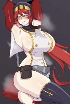 1girl armpits arms_behind_head arms_up bare_hips bare_shoulders blue_eyes breasts cero_rains commission detached_sleeves habit heterochromia highres huge_breasts licking_lips nun original pelvic_curtain pole pole_dancing presenting_armpit sharyn_rose shiny_skin sideboob simple_background skindentation smile steaming_body stripper_pole thick_thighs thighs tongue tongue_out tsurime