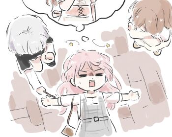 3girls =_= bang_dream! bang_dream!_it's_mygo!!!!! black_shirt brown_hair chihaya_anon commentary_request dress fang grey_dress imagining kaname_raana layered_sleeves long_hair long_sleeves lying lyy multiple_girls nagasaki_soyo on_back pinafore_dress pink_hair plaid_clothes plaid_dress shirt short_over_long_sleeves short_sleeves sleeveless sleeveless_dress star_(symbol) stick sweatdrop teeth upper_teeth_only white_hair white_shirt