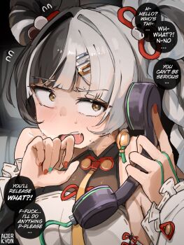 1girl alterkyon antique_phone black_hair braid braided_twintails china_dress chinese_clothes commentary corded_phone dialyn_(zenless_zone_zero) dress english_commentary english_text flying_sweatdrops grey_hair hair_ornament hairclip highres long_hair multicolored_hair multicolored_nails panicking phone solo speech_bubble split-color_hair talking_on_phone yellow_eyes zenless_zone_zero