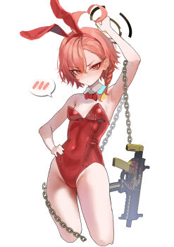 1girl absurdres ahoge animal_ears arm_up bare_arms black_halo blue_archive bow bowtie bubble99 commentary_request detached_collar fake_animal_ears gun hair_between_eyes halo hand_on_own_hip highres korean_commentary leotard looking_at_viewer neru_(blue_archive) neru_(bunny)_(blue_archive) orange_hair playboy_bunny rabbit_ears red_bow red_bowtie red_eyes red_leotard sig_mpx simple_background solo submachine_gun weapon white_background
