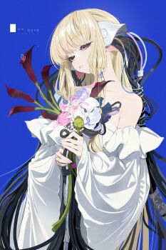 Rule 34 | 1girl, absurdres, bare shoulders, blonde hair, blue background, cable, chii, chinese commentary, chobits, commentary request, dress, flower, highres, holding, holding flower, long sleeves, mechanical ears, mole, mole on neck, multicolored nails, parted lips, pink nails, red eyes, simple background, solo, tizibade, white dress, white nails