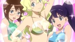 3girls animated anime_screenshot arm_up bikini black_hair blonde_hair blue_bikini blush breasts brown_hair cleavage clothing_cutout collarbone glasses gold_bikini green_one-piece_swimsuit hand_on_own_hip kinon_bachika kiyal_bachika kiyoh_bachika large_breasts long_hair looking_at_viewer medium_breasts multiple_girls navel one-piece_swimsuit open_mouth short_hair siblings sisters smile sound sports_bikini stomach_cutout swimsuit tagme tengen_toppa_gurren_lagann thighs twintails video yellow_bikini