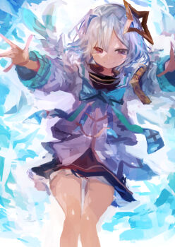 1girl absurdres amane_kanata amane_kanata_(1st_costume) armband blue_bow blue_hair bow commentary_request feathered_wings hair_between_eyes halo highres hololive jacket kaamin_(mariarose753) long_sleeves looking_at_viewer multicolored_hair outstretched_arms purple_eyes simple_background smile solo virtual_youtuber white_hair wings yellow_armband