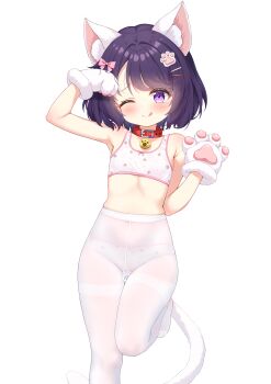 1girl :q absurdres animal_ear_fluff animal_ears animal_hands arm_up armpits azur_lane black_hair blush bra breasts bush_(azur_lane) cat_ears cat_girl cat_tail collar gloves hair_ornament hairclip highres leg_up loli navel no_pants no_shirt one_eye_closed panties panties_under_pantyhose pantyhose paw_gloves pink_bra pink_eyes qian_hen short_hair small_breasts smile solo standing standing_on_one_leg tail thigh_gap thighband_pantyhose thighs tongue tongue_out training_bra underwear white_pantyhose
