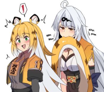 Rule 34 | !, 2girls, :d, ahoge, animal ear fluff, animal ears, biting another's tail, blonde hair, breasts, cleavage, commentary, green eyes, hair ornament, hairclip, highres, hinghoi, ju fufu, layered sleeves, long hair, long sleeves, multiple girls, open mouth, orange shirt, shirt, short over long sleeves, short sleeves, simple background, smile, spoken exclamation mark, tail, tiger ears, tiger tail, very long hair, white background, white hair, yellow eyes, yixuan (zenless zone zero), zenless zone zero