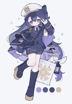 1girl artist_name bag black_boots black_cape black_jacket black_necktie black_shorts blue_hair blush boots cape color_guide commentary commission double-parted_bangs full_body gloves hair_between_eyes hand_up hat highres jacket knee_boots lantern long_hair long_sleeves necktie one_side_up original parted_lips peaked_cap shorts simple_background solo standing standing_on_one_leg upa_papa_co v watermark white_background white_gloves white_hat wing_collar