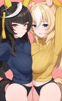 2girls absurdres animal_ears arm_up black_hair black_panties blonde_hair blue_eyes blue_sweater blunt_bangs breast_press breasts calstone_light_o_(umamusume) closed_mouth clothing_cutout commentary_request durandal_(umamusume) ear_covers highres horse_ears horse_girl horse_tail lace lace-trimmed_panties lace_trim large_breasts long_hair long_sleeves looking_at_viewer multicolored_hair multiple_girls navel no_pants open_mouth outstretched_arm panties ponytail reaching reaching_towards_viewer ribbed_sweater smile streaked_hair sweater symmetrical_docking tail tail_through_clothes tsubame_tien turtleneck turtleneck_sweater umamusume underwear white_hair yellow_eyes yellow_sweater
