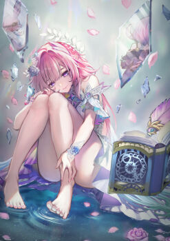 Rule 34 | 1girl, armlet, as i've written (honkai: star rail), bare shoulders, barefoot, breasts, closed mouth, commentary, cyrene (aedes elysiae) (honkai: star rail), cyrene (honkai: star rail), cyrene (ripples of past reverie) (honkai: star rail), dress, feet, fingernails, flower, glass shards, hair flower, hair intakes, hair ornament, hinagi kei, honkai: star rail, honkai (series), jewelry, knees together feet apart, knees up, large breasts, long hair, looking at viewer, mem (honkai: star rail), nail polish, pink hair, pink petals, purple eyes, purple flower, purple rose, rose, sitting, smile, soles, thighs, toenail polish, toenails, toes, very long hair, water, white dress
