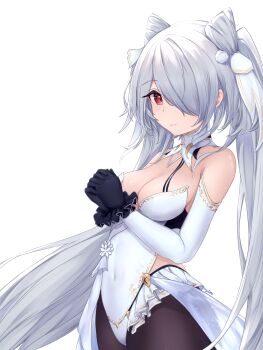 1girl absurdres azur_lane black_gloves black_pantyhose breasts closed_mouth commentary cone_hair_bun covered_navel double_bun english_commentary gloves hair_bun hair_over_one_eye hands_up highres kiev_(azur_lane) kiev_(vila_of_the_crystal_lake)_(azur_lane) kyl490 leotard long_hair looking_at_viewer medium_breasts official_alternate_costume own_hands_clasped own_hands_together pantyhose red_eyes signature simple_background smile solo twintails upper_body very_long_hair white_background white_hair white_leotard