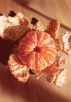 3aem commentary english_commentary food food_focus fruit fruit_focus highres no_humans orange_(fruit) original realistic still_life table wooden_table