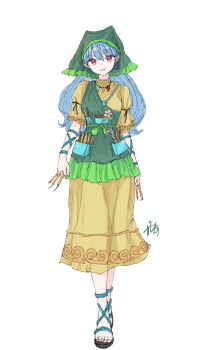 Rule 34 | 1girl, :d, absurdres, apron, arm ribbon, blue hair, commentary, dress, flower, full body, green apron, green headscarf, haniyasushin keiki, headscarf, highres, holding, holding scalpel, jewelry, kashiwada kiiho, long hair, looking at viewer, magatama, magatama necklace, necklace, object in pocket, open mouth, parted lips, pink eyes, pink flower, pliers, pocket, ribbon, scalpel, short sleeves, signature, simple background, single strap, smile, solo, standing, touhou, wavy hair, white background, wood carving tool, yellow dress