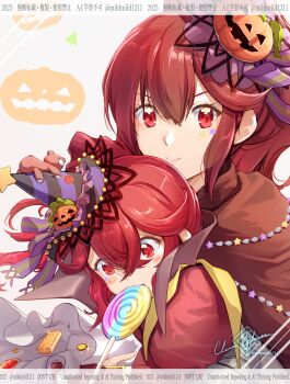 2girls absurdres anna_(fire_emblem) anna_(fire_emblem_engage) candy cape child clear_glass_(mildmild1311) cloak closed_mouth facial_mark fire_emblem fire_emblem_awakening fire_emblem_engage fire_emblem_heroes food food-themed_hair_ornament hair_between_eyes hair_ornament halloween halloween_costume hat highres lollipop lollipop_in_mouth long_hair looking_at_viewer multiple_girls nintendo official_alternate_costume pumpkin pumpkin_hair_ornament red_cloak red_eyes simple_background smile star_(symbol) star_facial_mark swirl_lollipop tilted_headwear upper_body
