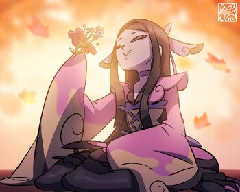 Rule 34 | 1girl, black hair, black thighhighs, choker, flabebe, gen 6 pokemon, half-closed eyes, highres, holding, holding pokemon, japanese clothes, kimono, kyonart, long hair, long sleeves, looking at another, nintendo, pink kimono, pokemon, pokemon (creature), pokemon xy, seiza, sitting, sleeves past wrists, smile, thighhighs, valerie (pokemon), wide sleeves
