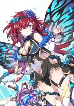 1girl absurdres akaneya bare_shoulders black_dress blue_eyes blue_flower blue_rose breasts cleavage clothing_cutout commentary commission covered_navel dress english_commentary facial_mark fairy fairy_wings fire_emblem fire_emblem_heroes flower gold_trim hair_flower hair_ornament hair_over_one_eye hair_vines highres large_breasts long_hair looking_at_viewer nintendo official_alternate_costume one_eye_covered plant red_hair rose skeb_commission solo thighhighs triandra_(fire_emblem) triandra_(reverent_dream)_(fire_emblem) vines white_thighhighs wings