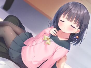 1boy 1girl black_hair blush braid cardigan closed_eyes closed_mouth flat_chest game_cg hair_ornament kazari_(mainichi_kiss_shite_lolita) large_variant_set mainichi_kiss_shite_lolita medium_hair non-web_source pantyhose pink_cardigan pov side_braid sitting sitting_on_lap sitting_on_person skirt solo_focus usashiro_mani variant_set