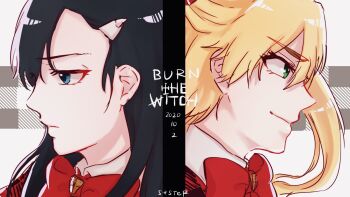 1046sstep_btoh 2girls black_hair blonde_hair blue_eyes burn_the_witch green_eyes long_hair multiple_girls niihashi_noel ninny_spangcole