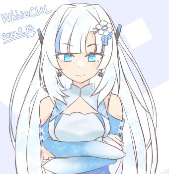 Rule 34 | 1girl, blue eyes, blunt bangs, breasts, character name, clothing cutout, commentary request, crossed arms, cutout eyelashes, dated, earrings, flower, hair flower, hair ornament, jewelry, long hair, looking at viewer, multicolored hair, shoulder cutout, smile, solo, streaked hair, upper body, very long hair, voicevox, white hair, whitecul, wixa14 shin