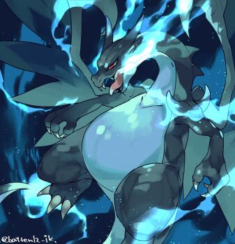 blue_fire charizard claws commentary_request dragon fangs fire gen_1_pokemon mamebato mega_charizard_x mega_pokemon nintendo no_humans open_mouth pokemon pokemon_(creature) pokemon_focus red_eyes solo twitter_username wings