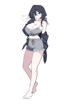 arm_up bare_legs bare_shoulders barefoot black_hair black_hoodie breasts full_body grey_hair grey_shorts grey_tank_top hair_between_eyes hair_intakes head_tilt hood hoodie large_breasts looking_at_viewer off_shoulder oimotororo1116 open_clothes open_hoodie original ponytail shorts signature sleeves_past_wrists sweat tank_top yuuka_(oimotororo1116)