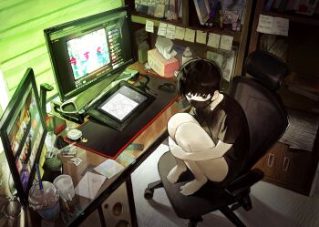 1boy absurdly_detailed_composition absurdres black_eyes black_hair black_mask black_shirt black_shorts bookshelf cellphone chair commentary_request computer computer_mouse cup desk flip_phone highres hugging_own_legs indoors korean_commentary loaded_interior looking_at_viewer male_focus mask monitor mouth_mask mug on_chair original p_(pm_611a) pale_skin paper phone shirt shorts solo squatting sticky_note stylus table tablet_pc tissue_box youtube