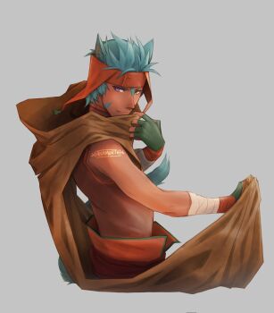 1boy anamorte_art animal_ears artist_name blue_hair brown_cloak cat_boy cat_ears cloak commentary english_commentary fire_emblem fire_emblem:_path_of_radiance green_eyes grey_background heterochromia highres male_focus nintendo purple_eyes ranulf_(fire_emblem) short_hair simple_background solo tail