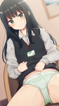 1girl black_hair black_vest blurry blush bow bow_panties closed_mouth clothes_lift collared_shirt depth_of_field dot_nose dutch_angle female_pubic_hair frilled_panties frills green_eyes green_panties grey_shirt head_tilt highres indoors lifting_own_clothes lips long_hair looking_at_viewer nagami_yuu name_tag office_lady original panties parted_bangs pink_lips pubic_hair pubic_hair_peek shirt sidelocks smile solo spread_legs sweater_vest underwear vest vest_lift