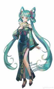 1girl absurdres aqua_hair aqua_nails bare_shoulders black_dress black_footwear bright_pupils chinese_zodiac closed_mouth clothing_cutout collared_jacket dated double_bun dress expressionless eyelashes eyeshadow flower_knot folding_fan footwear_ribbon frilled_jacket frilled_sleeves frills full_body green_eyes green_jacket grey_eyes hair_bun hair_ornament hair_ribbon hair_rings hand_fan hatsune_miku heterochromia high_heels highres holding holding_fan jacket light_frown long_dress long_hair long_sleeves makeup marking_on_cheek memory_mie multicolored_nails nail_polish number_tattoo open_clothes open_jacket pink_nails pink_ribbon pointy_ears red_pupils ribbon shoulder_cutout shoulder_tattoo side_slit signature simple_background sleeve_ribbon slit_pupils snake_hair_ornament snake_print solo standing stiletto_heels tachi-e tassel tassel_hair_ornament tattoo twintails very_long_hair vocaloid watermark weibo_watermark white_background wide_sleeves year_of_the_snake
