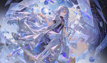 1girl absurdres closed_mouth dress grey_hair hair_ornament hair_over_one_eye hand_up highres holographic_interface id_card jacket long_hair mornye_(wuthering_waves) multiple_views purple_dress red_eyes see-through_body sitting smusmuye very_long_hair white_jacket wuthering_waves