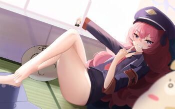 absurdres armband bare_legs barefoot black_shirt black_skirt blue_archive blush collared_shirt feet grin halo hat highres indoors iroha_(blue_archive) jacket kaba_(hama) legs long_hair lying necktie peaked_cap pencil_skirt red_hair red_necktie shirt sitting skirt smile solo thighs toes wavy_hair window